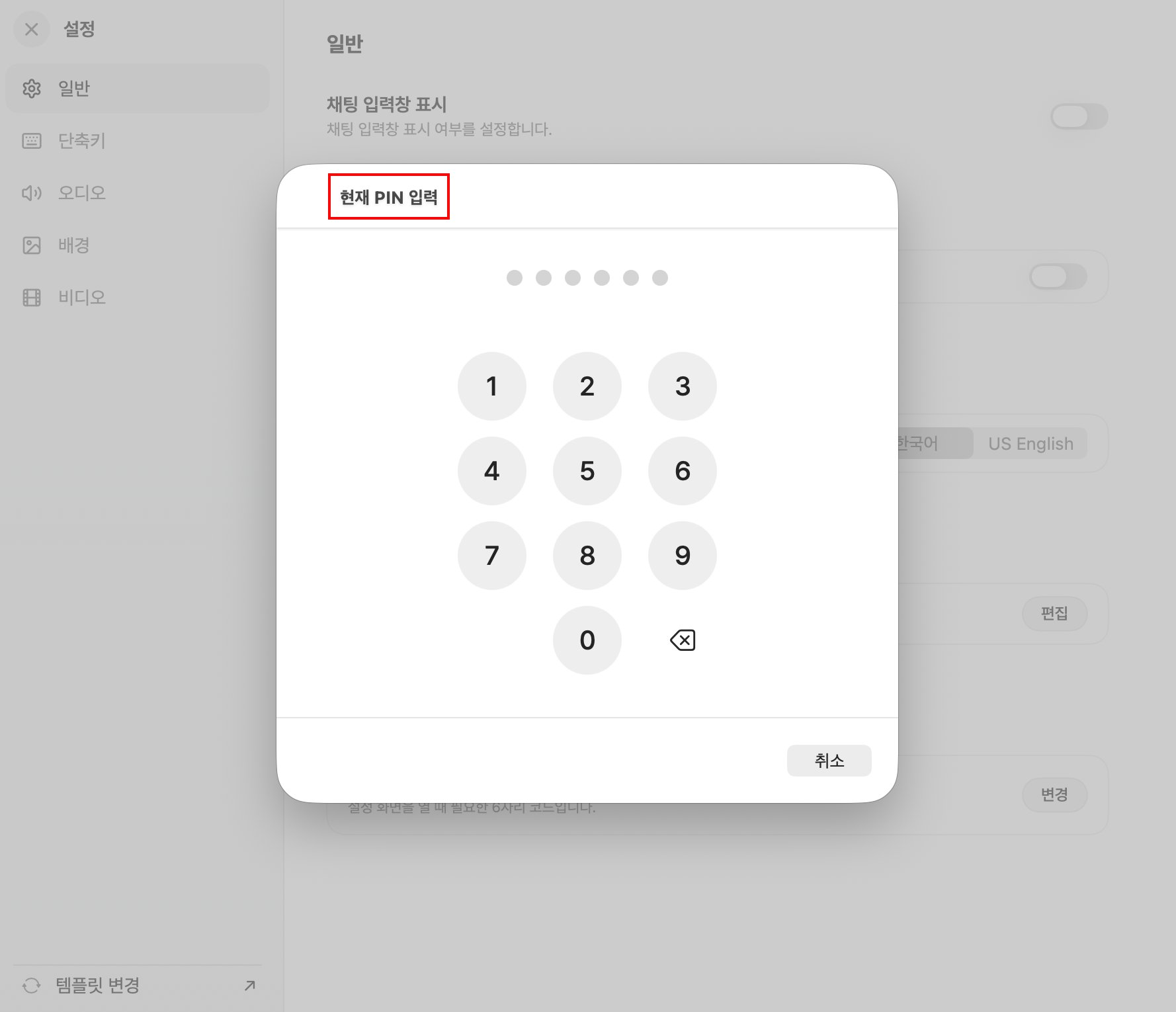 현재 PIN 입력